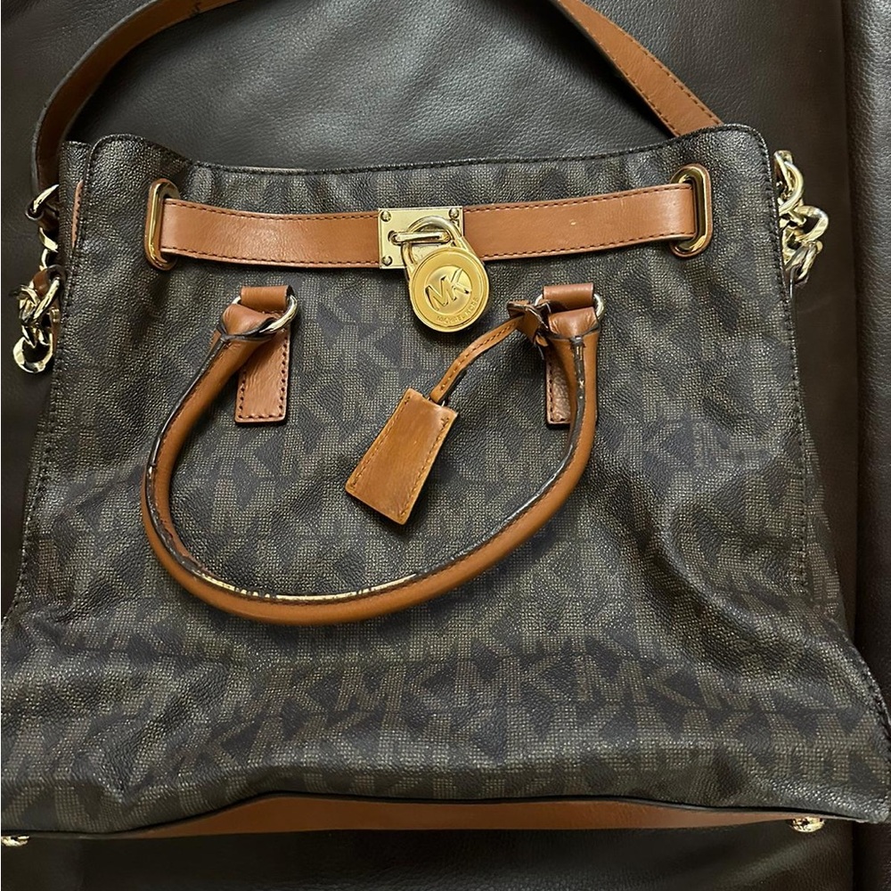 Michael Kors Brown and Tan Shoulder Bag with Gold Accents